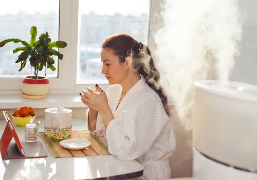 Woman in a bathrobe holding a cup beside a humidifier releasing mist near a window