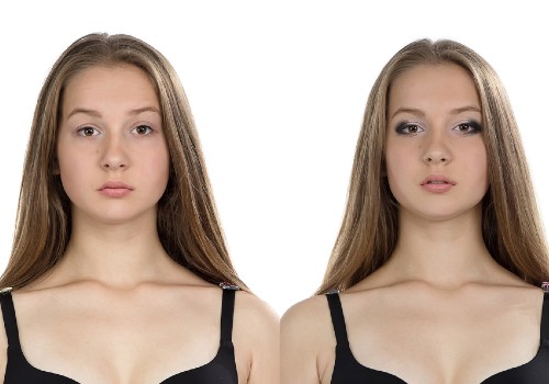 Side-by-side portraits of the same woman without makeup and with eye and complexion makeup