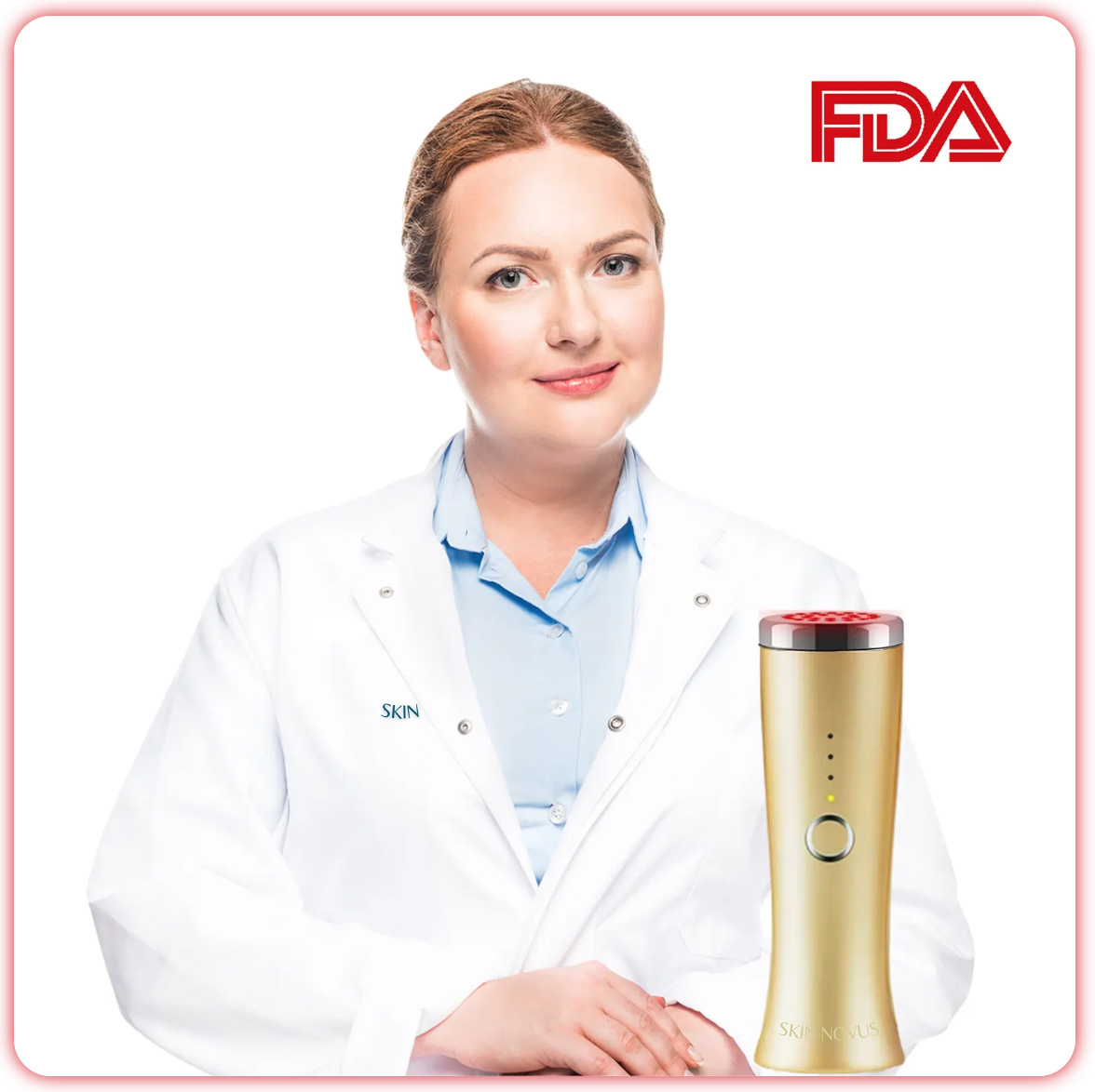 Promotional image of a woman in a white coat beside a gold skincare device, with an FDA logo