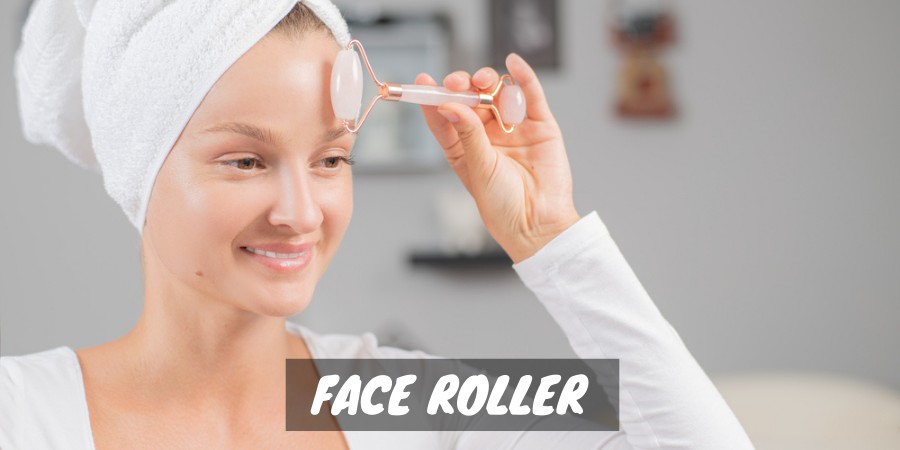A woman doing a face massage using a derma roller
